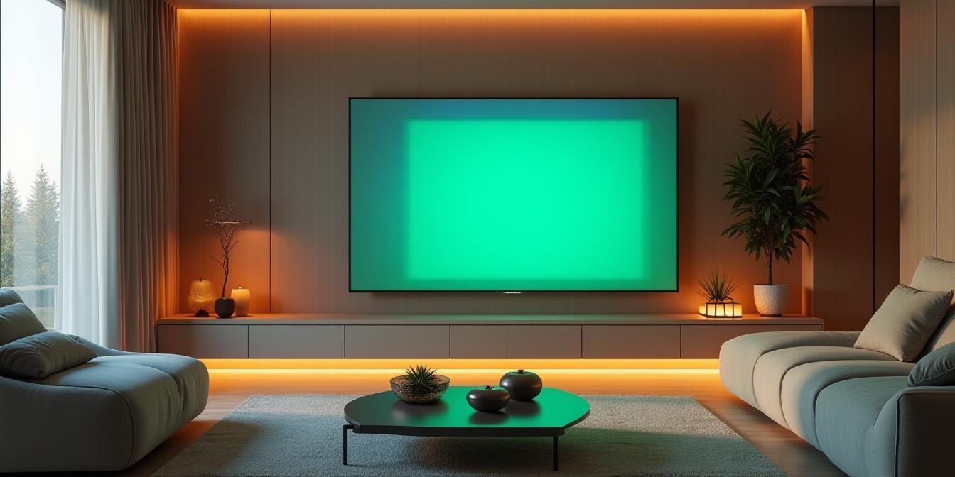 Futuristic smart TV setup in a modern Turkish living room